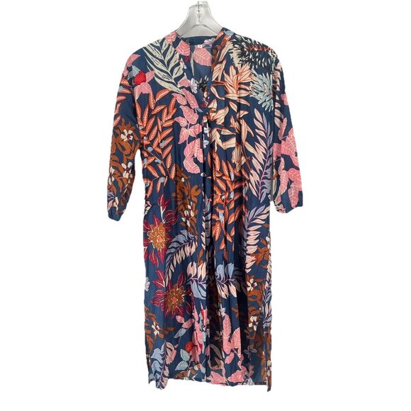 Floral Block Print Cotton Kaftan Midi Floral Tropical Boho Sz Small - Picture 1 of 5